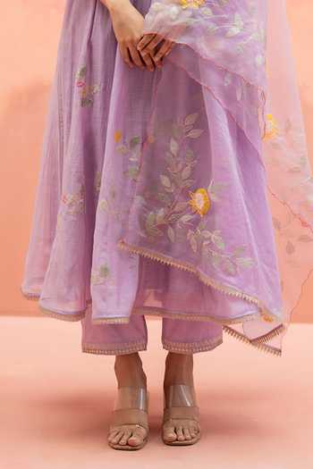 AM by Anita Mittal Purple Cotton V-neck Pari Embroidered Anarkali Set Online at Aza Fashions AM by Anita Mittal_Purple Cotton V-neck Pari Embroidered Anarkali Set _Online_at_Aza_Fashions