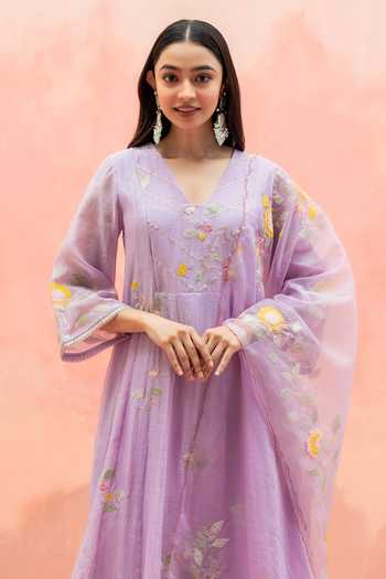 Buy AM by Anita Mittal Purple Cotton V-neck Pari Embroidered Anarkali Set Online at Aza Fashions Buy_AM by Anita Mittal_Purple Cotton V-neck Pari Embroidered Anarkali Set _Online_at_Aza_Fashions