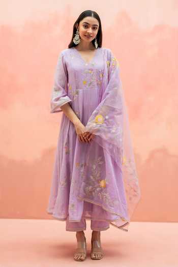 Shop AM by Anita Mittal Purple Cotton V-neck Pari Embroidered Anarkali Set Online at Aza Fashions Shop_AM by Anita Mittal_Purple Cotton V-neck Pari Embroidered Anarkali Set _Online_at_Aza_Fashions