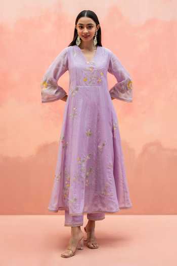 AM by Anita Mittal Purple Cotton V-neck Pari Embroidered Anarkali Set at Aza Fashions AM by Anita Mittal_Purple Cotton V-neck Pari Embroidered Anarkali Set _at_Aza_Fashions