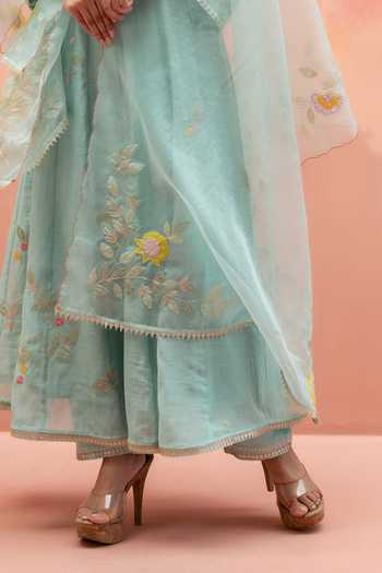 AM by Anita Mittal_Blue Cotton V-neck Pari Embroidered Anarkali Set _Online_at_Aza_Fashions