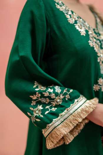 AM by Anita Mittal Green Silk V-neck, Yes Anjum Embroidered Anarkali Set at Aza Fashions AM by Anita Mittal_Green Silk V-neck, Yes Anjum Embroidered Anarkali Set _at_Aza_Fashions