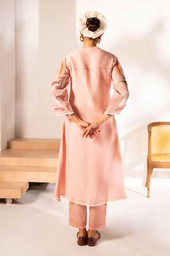 Shop AM By Anita Mittal Pink Chanderi Split V-neck, Yes Ziva Mul Kurta And Pant Co-ord Set at Aza Fashions Shop_AM By Anita Mittal_Pink Chanderi Split V-neck, Yes Ziva Mul Kurta And Pant Co-ord Set _at_Aza_Fashions