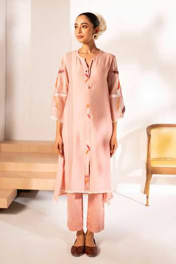 Buy AM By Anita Mittal Pink Chanderi Split V-neck, Yes Ziva Mul Kurta And Pant Co-ord Set Online at Aza Fashions Buy_AM By Anita Mittal_Pink Chanderi Split V-neck, Yes Ziva Mul Kurta And Pant Co-ord Set _Online_at_Aza_Fashions