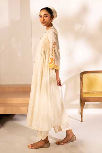 Buy_AM by Anita Mittal_White Cotton Split V-neck, Yes Ziya Pure Tunic And Pant Set _Online_at_Aza_Fashions