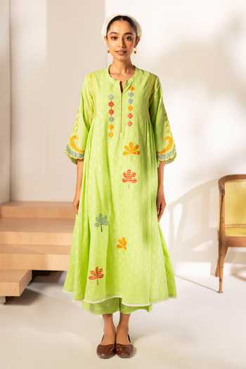 Buy_AM by Anita Mittal_Green Cotton Ziya Pure Tunic And Pant Set _Online_at_Aza_Fashions
