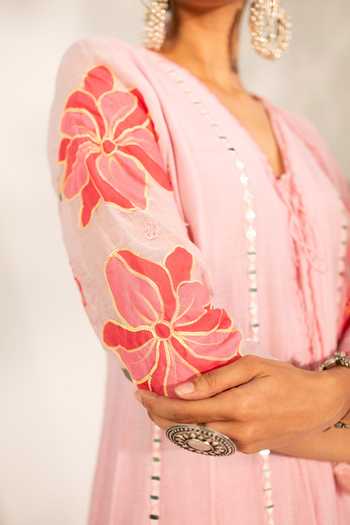 Buy AM by Anita Mittal Pink Chanderi V-neck Zoya Mul Anarkali Set Online at Aza Fashions Buy_AM by Anita Mittal_Pink Chanderi V-neck Zoya Mul Anarkali Set _Online_at_Aza_Fashions