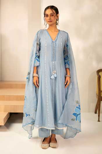 AM by Anita Mittal_Blue Chanderi V-neck Zoya Mul Anarkali Set _Online_at_Aza_Fashions
