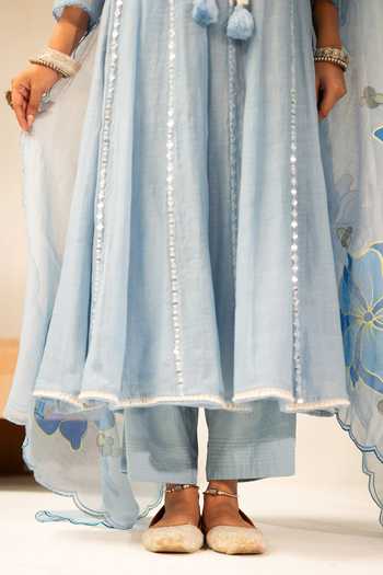 Buy_AM by Anita Mittal_Blue Chanderi V-neck Zoya Mul Anarkali Set _Online_at_Aza_Fashions