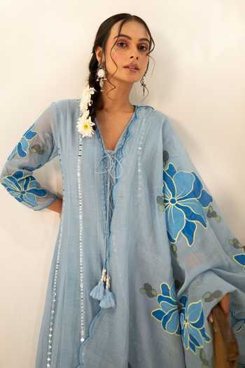 AM by Anita Mittal_Blue Chanderi V-neck Zoya Mul Anarkali Set _at_Aza_Fashions