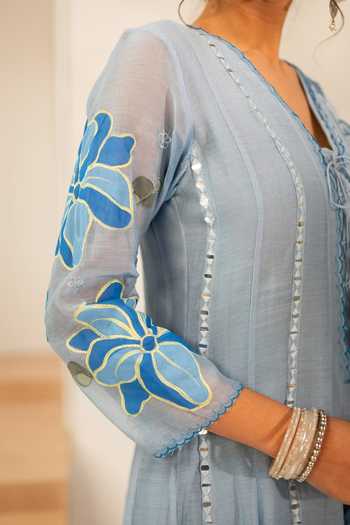 Buy_AM by Anita Mittal_Blue Chanderi V-neck Zoya Mul Anarkali Set 