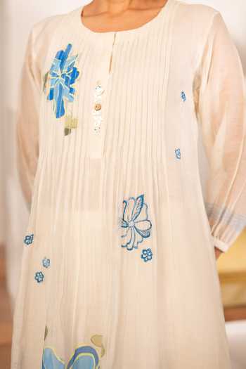 Buy_AM by Anita Mittal_Off White Chanderi Round Neck Zoya Mul Tunic And Pant Set _Online_at_Aza_Fashions