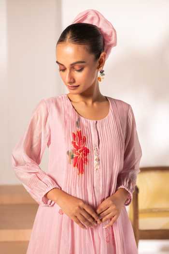 AM by Anita Mittal_Pink Chanderi Round Neck, Yes Zoya Mul Tunic And Pant Set _Online_at_Aza_Fashions
