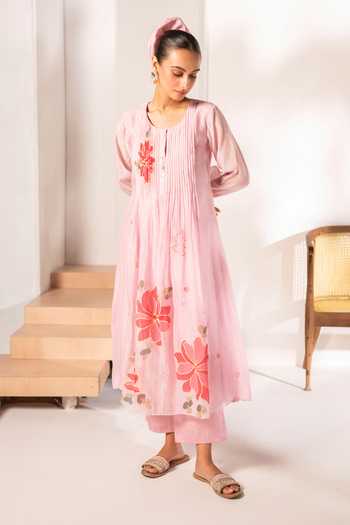 Buy_AM by Anita Mittal_Pink Chanderi Round Neck, Yes Zoya Mul Tunic And Pant Set _Online_at_Aza_Fashions