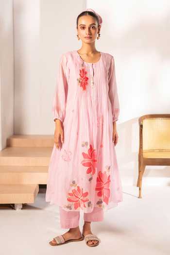 Shop_AM by Anita Mittal_Pink Chanderi Round Neck, Yes Zoya Mul Tunic And Pant Set _Online_at_Aza_Fashions