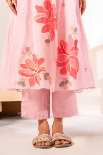 AM by Anita Mittal_Pink Chanderi Round Neck, Yes Zoya Mul Tunic And Pant Set _at_Aza_Fashions
