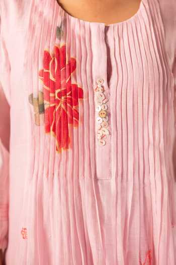 Buy_AM by Anita Mittal_Pink Chanderi Round Neck, Yes Zoya Mul Tunic And Pant Set 