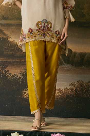 Chandrima_Yellow Silk Organza, Chanderi Embroidery Paisley Tunic With Floral Tulip Pant _Online_at_Aza_Fashions