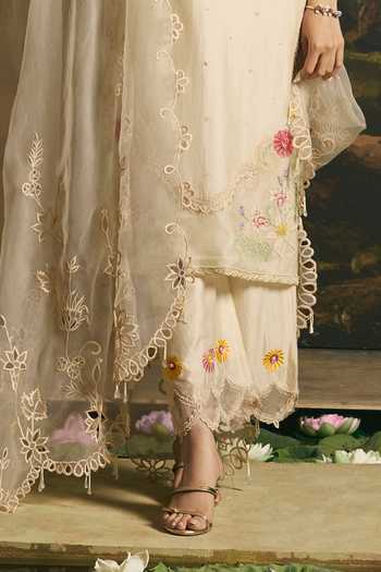 Chandrima Ivory Chanderi, Silk Organza Round Neck Beadwork Panelled Kurta With Pant Online at Aza Fashions Chandrima_Ivory Chanderi, Silk Organza Round Neck Beadwork Panelled Kurta With Pant _Online_at_Aza_Fashions