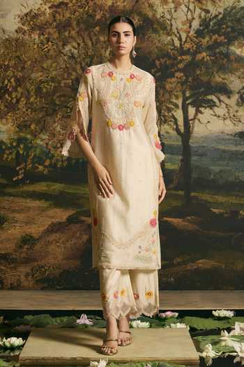 Shop Chandrima Ivory Chanderi, Silk Organza Round Neck Beadwork Panelled Kurta With Pant Online at Aza Fashions Shop_Chandrima_Ivory Chanderi, Silk Organza Round Neck Beadwork Panelled Kurta With Pant _Online_at_Aza_Fashions