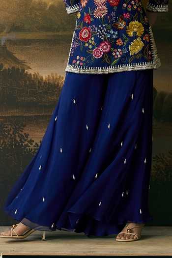 Chandrima Pink Chanderi, Silk Organza Boat Neck, Yes Floral Bloom Short Kurta With Sharara Online at Aza Fashions Chandrima_Pink Chanderi, Silk Organza Boat Neck, Yes Floral Bloom Short Kurta With Sharara _Online_at_Aza_Fashions