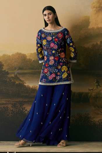 Chandrima Pink Chanderi, Silk Organza Boat Neck, Yes Floral Bloom Short Kurta With Sharara at Aza Fashions Chandrima_Pink Chanderi, Silk Organza Boat Neck, Yes Floral Bloom Short Kurta With Sharara _at_Aza_Fashions