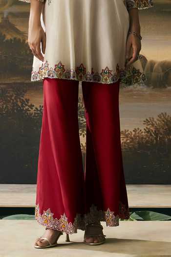 Chandrima Red Chanderi Embroidery, Beads V-neck, Paisley Short Kurta With Bell Bottom Pant Online at Aza Fashions Chandrima_Red Chanderi Embroidery, Beads V-neck, Paisley Short Kurta With Bell Bottom Pant _Online_at_Aza_Fashions