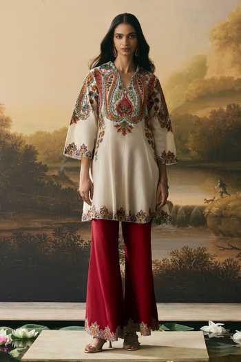 Buy Chandrima Red Chanderi Embroidery, Beads V-neck, Paisley Short Kurta With Bell Bottom Pant Online at Aza Fashions Buy_Chandrima_Red Chanderi Embroidery, Beads V-neck, Paisley Short Kurta With Bell Bottom Pant _Online_at_Aza_Fashions