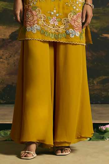 Chandrima Yellow Silk Organza, Silk, Georgette Floral Medley Short Kurta With Sharara Online at Aza Fashions Chandrima_Yellow Silk Organza, Silk, Georgette Floral Medley Short Kurta With Sharara _Online_at_Aza_Fashions