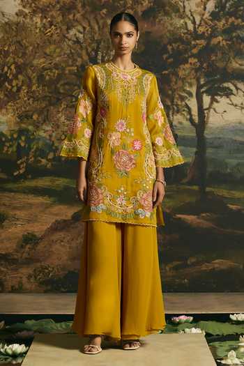 Buy Chandrima Yellow Silk Organza, Silk, Georgette Floral Medley Short Kurta With Sharara Online at Aza Fashions Buy_Chandrima_Yellow Silk Organza, Silk, Georgette Floral Medley Short Kurta With Sharara _Online_at_Aza_Fashions