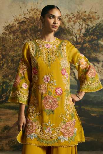 Shop Chandrima Yellow Silk Organza, Silk, Georgette Floral Medley Short Kurta With Sharara Online at Aza Fashions Shop_Chandrima_Yellow Silk Organza, Silk, Georgette Floral Medley Short Kurta With Sharara _Online_at_Aza_Fashions