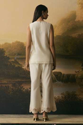 Chandrima Ivory Cutwork Floral Straight Pant
