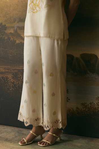 Chandrima Ivory Chanderi Cutwork Floral Straight Pant Online at Aza Fashions Chandrima_Ivory Chanderi Cutwork Floral Straight Pant _Online_at_Aza_Fashions