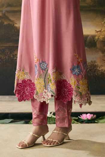 Chandrima Pink Chanderi Round Neck Floral Medley Flared Anarkali With Narrow Pant Online at Aza Fashions Chandrima_Pink Chanderi Round Neck Floral Medley Flared Anarkali With Narrow Pant _Online_at_Aza_Fashions
