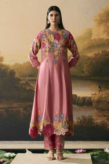 Chandrima Pink Floral Medley Flared Anarkali With Narrow Pant