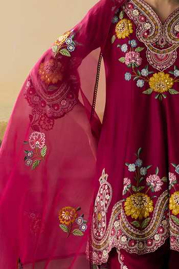 Chandrima_Red Silk Organza Cherry Floral Dupatta _Online_at_Aza_Fashions