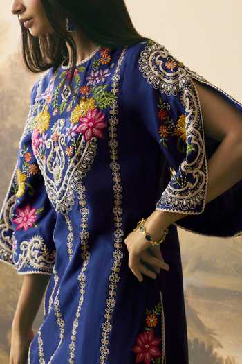 Buy Chandrima Cobalt Chanderi Round Neck, Yes Floral Embroidered Kurta And Pant Online at Aza Fashions Buy_Chandrima_Cobalt Chanderi Round Neck, Yes Floral Embroidered Kurta And Pant _Online_at_Aza_Fashions