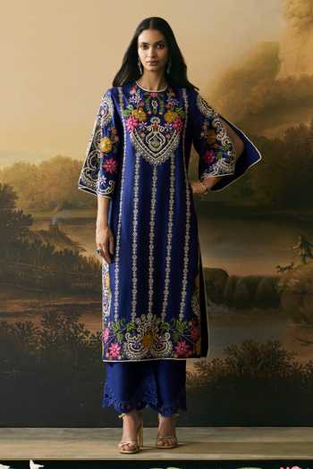 Shop Chandrima Cobalt Chanderi Round Neck, Yes Floral Embroidered Kurta And Pant Online at Aza Fashions Shop_Chandrima_Cobalt Chanderi Round Neck, Yes Floral Embroidered Kurta And Pant _Online_at_Aza_Fashions