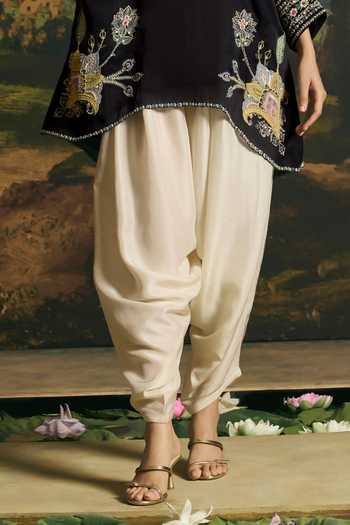 Chandrima Black Organza, Round Neck Paisley Detail Tunic With Harem Pant Online at Aza Fashions Chandrima_Black Organza, Round Neck Paisley Detail Tunic With Harem Pant _Online_at_Aza_Fashions