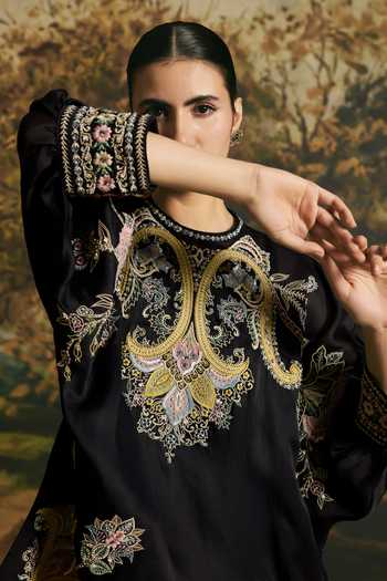 Buy Chandrima Black Organza, Round Neck Paisley Detail Tunic With Harem Pant Online at Aza Fashions Buy_Chandrima_Black Organza, Round Neck Paisley Detail Tunic With Harem Pant _Online_at_Aza_Fashions