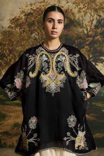 Shop Chandrima Black Organza, Round Neck Paisley Detail Tunic With Harem Pant Online at Aza Fashions Shop_Chandrima_Black Organza, Round Neck Paisley Detail Tunic With Harem Pant _Online_at_Aza_Fashions