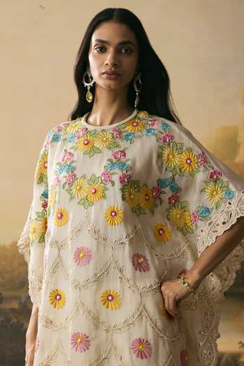 Chandrima Ivory Cotton, Silk Organza Round Neck Floral Scallop Detail Kaftan Online at Aza Fashions Chandrima_Ivory Cotton, Silk Organza Round Neck Floral Scallop Detail Kaftan _Online_at_Aza_Fashions