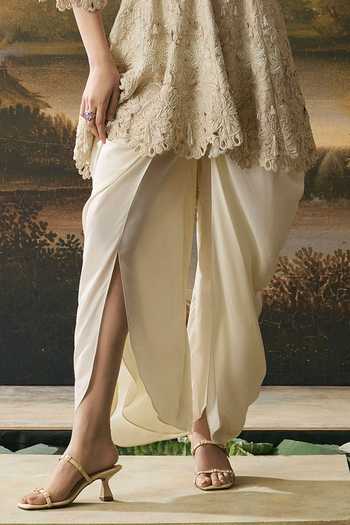 Chandrima Ivory Chanderi, Silk Round Neck, Yes Cutwork Flared Kurta With Cowl Tulip Pant Online at Aza Fashions Chandrima_Ivory Chanderi, Silk Round Neck, Yes Cutwork Flared Kurta With Cowl Tulip Pant _Online_at_Aza_Fashions