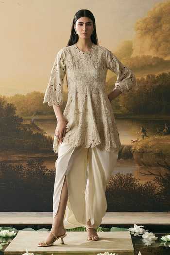 Buy Chandrima Ivory Chanderi, Silk Round Neck, Yes Cutwork Flared Kurta With Cowl Tulip Pant Online at Aza Fashions Buy_Chandrima_Ivory Chanderi, Silk Round Neck, Yes Cutwork Flared Kurta With Cowl Tulip Pant _Online_at_Aza_Fashions