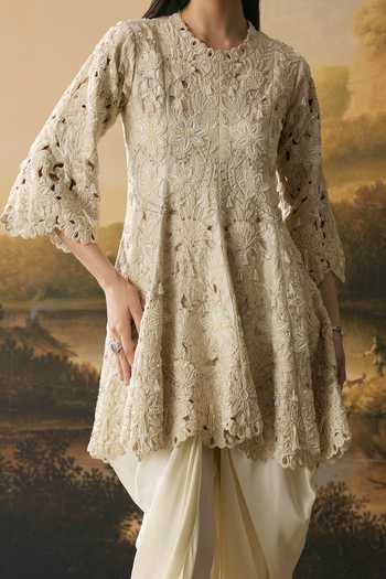 Shop Chandrima Ivory Chanderi, Silk Round Neck, Yes Cutwork Flared Kurta With Cowl Tulip Pant Online at Aza Fashions Shop_Chandrima_Ivory Chanderi, Silk Round Neck, Yes Cutwork Flared Kurta With Cowl Tulip Pant _Online_at_Aza_Fashions