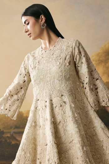 Chandrima Ivory Chanderi, Silk Round Neck, Yes Cutwork Flared Kurta With Cowl Tulip Pant at Aza Fashions Chandrima_Ivory Chanderi, Silk Round Neck, Yes Cutwork Flared Kurta With Cowl Tulip Pant _at_Aza_Fashions