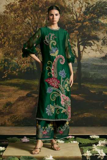 Buy Chandrima Emerald Green Chanderi Round Neck Paisley Detail Kurta With Pant Online at Aza Fashions Buy_Chandrima_Emerald Green Chanderi Round Neck Paisley Detail Kurta With Pant _Online_at_Aza_Fashions
