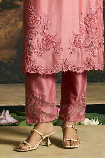 Chandrima Pink Chanderi Round Neck, Yes Bead Cutwork Straight Kurta And Pant Set Online at Aza Fashions Chandrima_Pink Chanderi Round Neck, Yes Bead Cutwork Straight Kurta And Pant Set _Online_at_Aza_Fashions