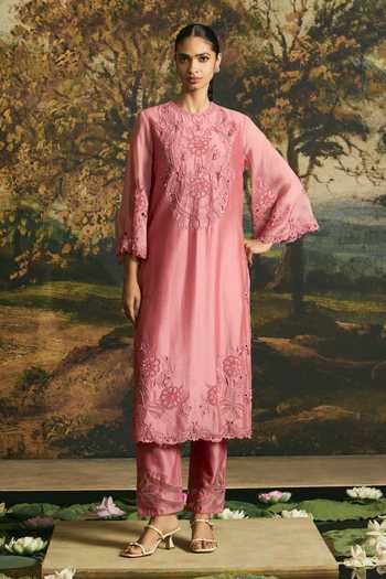 Shop Chandrima Pink Chanderi Round Neck, Yes Bead Cutwork Straight Kurta And Pant Set Online at Aza Fashions Shop_Chandrima_Pink Chanderi Round Neck, Yes Bead Cutwork Straight Kurta And Pant Set _Online_at_Aza_Fashions