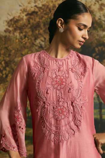 Chandrima Pink Chanderi Round Neck, Yes Bead Cutwork Straight Kurta And Pant Set at Aza Fashions Chandrima_Pink Chanderi Round Neck, Yes Bead Cutwork Straight Kurta And Pant Set _at_Aza_Fashions